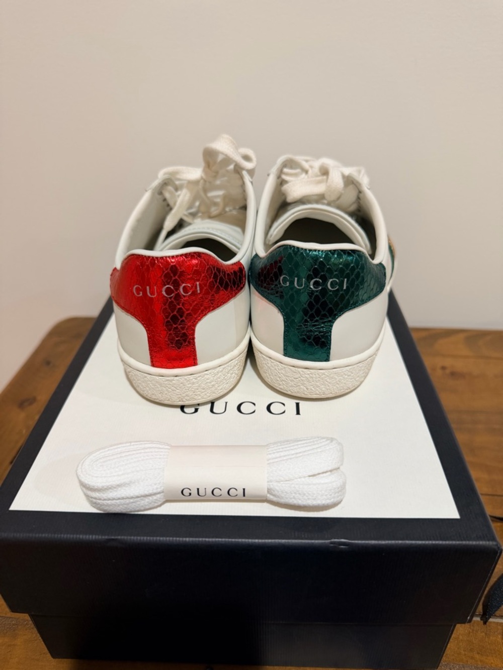 Gucci White Leather Sneakers with Green and Red Web & Gold Bee - Picture 4 of 4